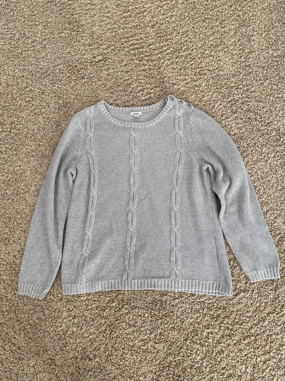 L.L. Bean Light Gray Cable Crewneck Sweater with Shoulder Buttons